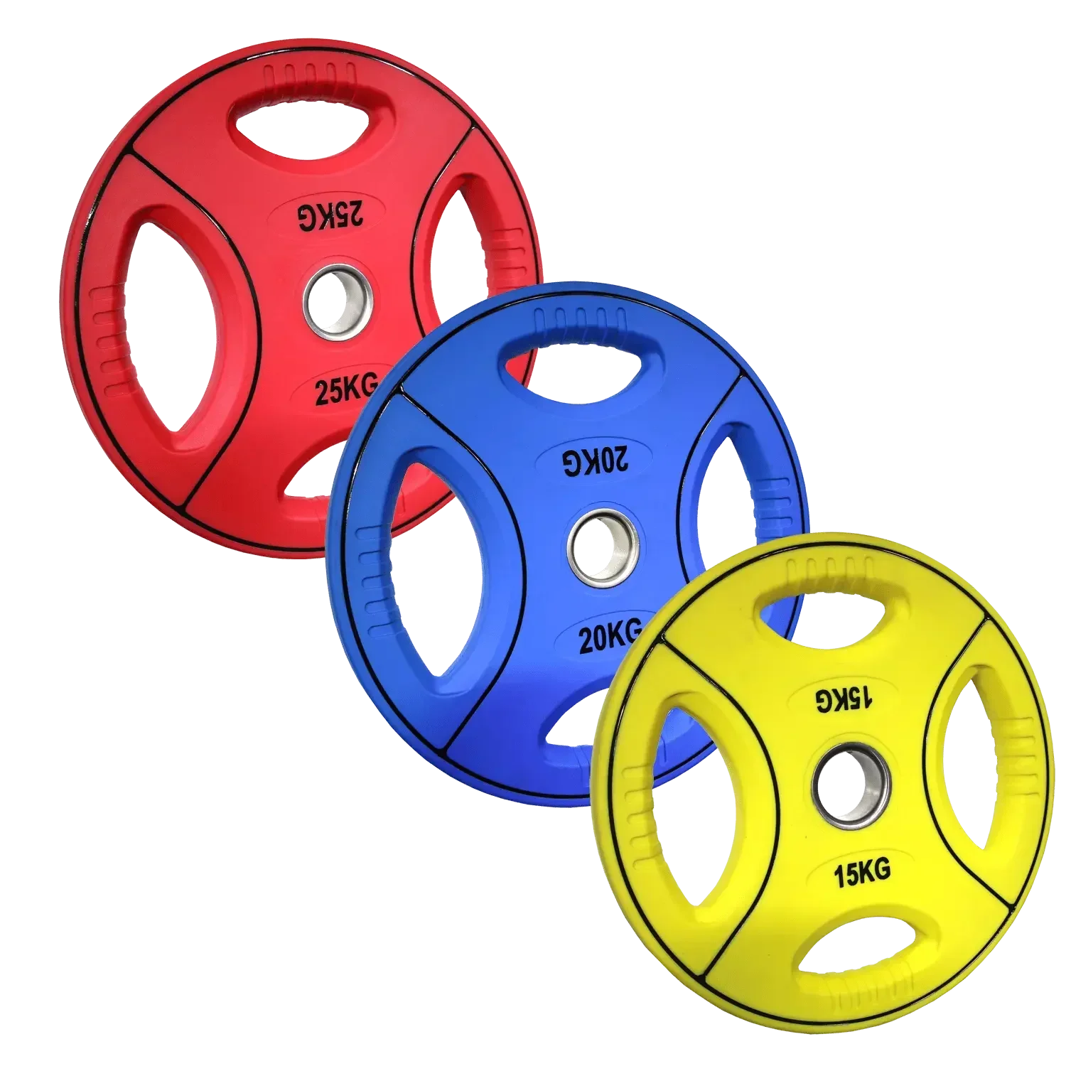 PU farbcodierte Gewichtsscheiben | 50/51 mm | 4-Grip-Design | 10 Kg - 25 Kg |