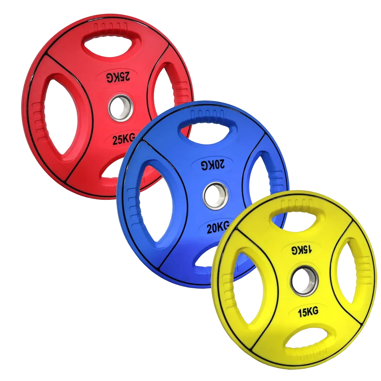 PU farbcodierte Gewichtsscheiben | 50/51 mm | 4-Grip-Design | 10 Kg - 25 Kg |