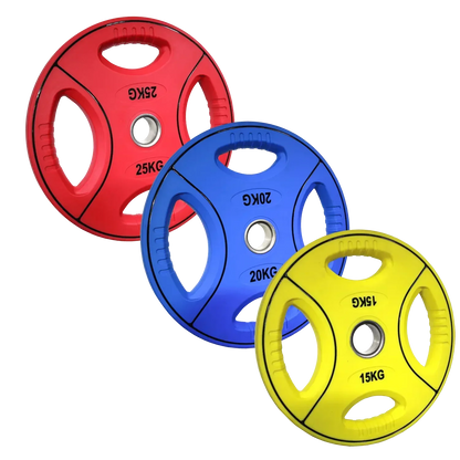 PU farbcodierte Gewichtsscheiben | 50/51 mm | 4-Grip-Design | 10 Kg - 25 Kg |